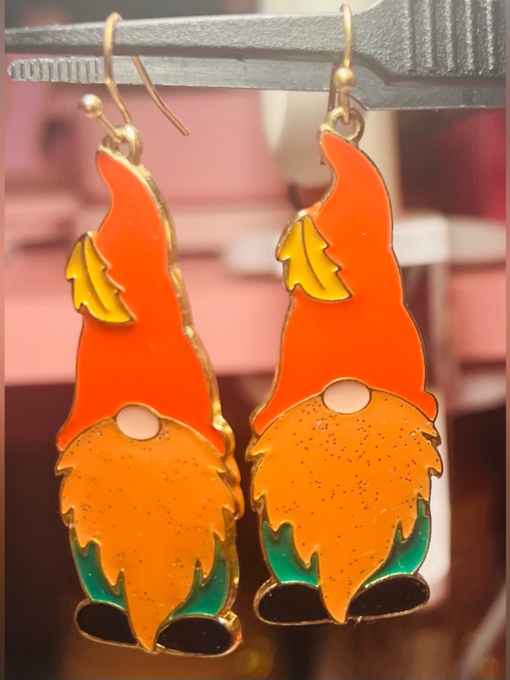 Orange Glitter Gnome Enamel Drop Earrings